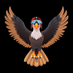 Cool Cartoon Animal Eagle or Vulture Bird Flying with Goggles and Red Scarf, Dynamic Vector Illustration