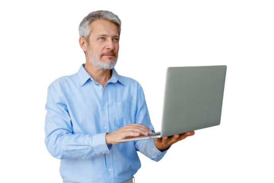 Mature man working on laptop, looking away, thinking for new business ideas on transparent background