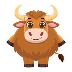 Adorable Cartoon Animal Yak or Fluffy Highland Cattle Character Sitting and Looking Ahead with Big Eyes, Vector Art