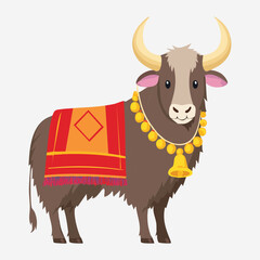 Brave Wild Animal Yak or Mountain Cow Character Adorned with a Traditional Saddle and Blanket, Vector Illustration