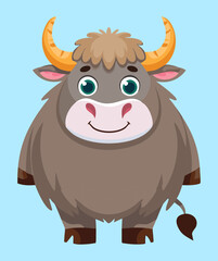 Cute Wild Animal Himalayan Yak or Fluffy Mountain Bull Character with Horns and a Gentle Smile, Vector Design