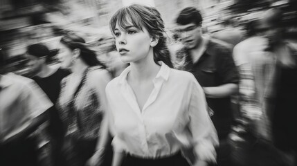 Woman in white shirt moving through crowded street in black and white urban setting during busy afternoon
