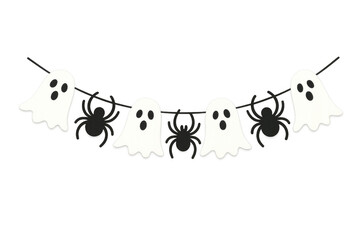 Halloween ghost and spider garland on string creating a spooky decoration for celebrations and fear
