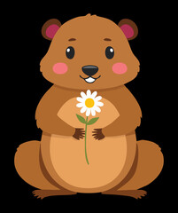 Sweet Cartoon Animal Groundhog or Beaver Portrait Holding a Small Flower with a Kind Facial Expression, Vector Graphic