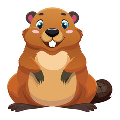Cute Cartoon Animal Beaver or Groundhog Character Sitting Down and Looking Forward with a Contented Expression, Full Body Art
