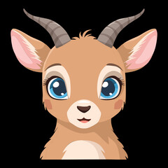 Big Eyed Baby Antelope or Young Gazelle Animal Portrait Close Up with Innocent and Adorable Expression, Simple Vector Artwork