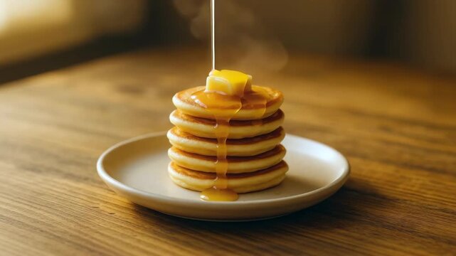 stack of fluffy pancakes with melting butter, dripping syrup on ceramic plate warm wooden background steam rising concept of breakfast cafe culinary business