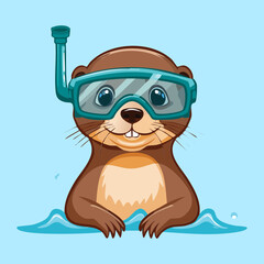 Happy Swimming Cartoon Otter Animal Wearing Scuba Mask and Snorkel Gear Poking Out of the Cool Blue Water