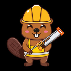Cartoon beaver construction surveyor wearing a helmet and holding a transit level or surveying instrument
