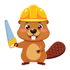Funny cartoon beaver construction worker wearing a yellow helmet and holding a shiny handsaw tool