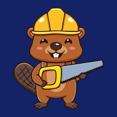 Cartoon beaver construction worker wearing a hard hat and holding a large handsaw ready to cut wood
