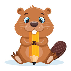Cute cartoon beaver mascot holding a pencil or wooden stick while looking cheerfully at the viewer