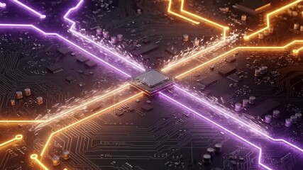 Stunning futuristic motherboard circuit pulsing with light for high tech innovation branding and cutting edge technology solutions promotions