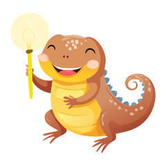 Funny cartoon lizard holding glowing illuminated light bulb representing bright idea or genius sudden inspiration concept