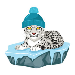 Cute Snow Leopard Animal Character Sitting Peacefully on a Floating Iceberg in the Cold Winter Ocean