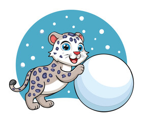 Cute Snow Leopard Animal Cub Playing with a Large Snowball on a Cold Winter Day, Celebrating the Season