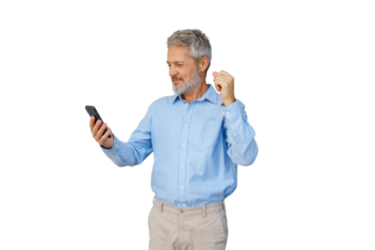 Mature man celebrating online success on cellphone, making a fist pump gesture, isolated on transparent background