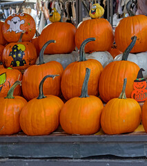 Raw orange pumpkins outside on market stall decorated for Halloween