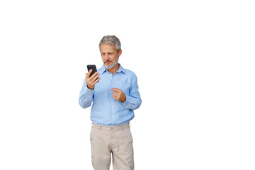 Mature man using mobile phone for communication and technology, browsing internet and networking,...