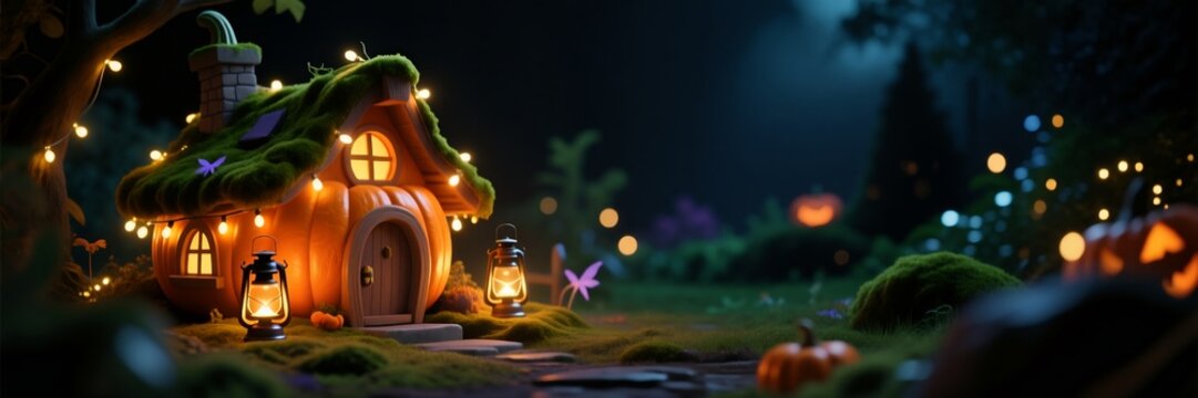 A whimsical fairy cottage made of a pumpkin in an enchanted forest at night. Magical glowing house decorated with string lights and lanterns for Halloween. Fantasy autumn background banner