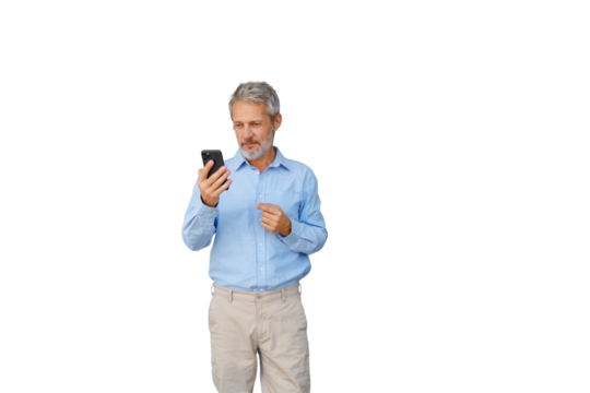 Mature man using mobile phone for communication and technology, browsing internet and networking, transparent background - Powered by Adobe