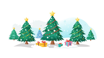 Christmas fir trees. Cartoon decorated green xmas trees. Winter holiday flat vector illustration set. Christmas fir trees collection stock illustration