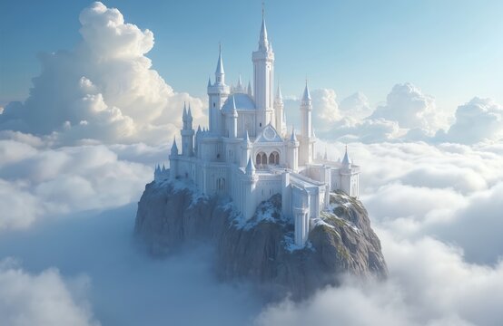 Majestic white castle floats on rocky mountain above clouds. Beautiful palace with spires in heaven. Calm aerial nature landscape. Dreamlike aethereal kingdom with architecture and towers in sunlight.