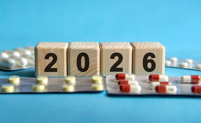 The concept of health in 2026. Tablets for treatment on the table