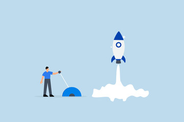 Start your own business, driven entrepreneur businessman activates lever to send rocket into the air