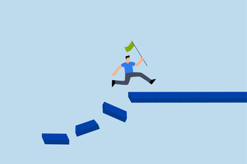 Survive and success in crisis, businessman jumping on collapse bridge to reach target