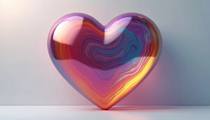 Fotobehang Abstracte kunst 3D heart glows with vibrant rainbow colors. Swirling gradients form modern abstract art piece. Colorful icon represents love, emotion, digital design, connection. Symbol of passion, creativity, tech  © Maryna