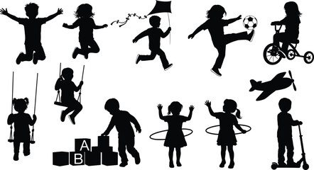 Children silhouette collection, kids playing activities, childhood fun, outdoor games, sports, creativity, scooter, swing, tricycle, hula hoop - flat vector