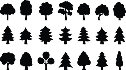 Black tree silhouettes collection, vector tree icons, forest shapes, conifer pine trees, deciduous foliage, nature design set, landscape elements, botanical illustration pack, isolated trees
