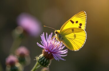 Close up photo of a yellow butterfly on a purple flower. Insect is resting on a blooming plant during sunny day. Nature beauty in macro view.