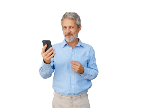 Mature man holding smartphone pointing with finger showing digital technology app or website on transparent background