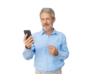Mature man holding smartphone, pointing, smiling, communicating, using digital technology, transparent background