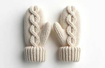 Pair of knitted wool mittens isolated on plain white surface. Winter accessory for cold days. Classic cable pattern. Cozy handwear, handmade and warm for fall and winter seasons.