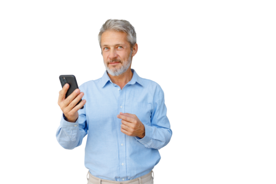 Mature man holding smartphone, pointing, smiling, communicating, using digital technology, transparent background
