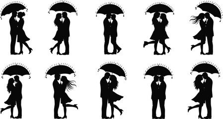 Romantic couple silhouette, love under umbrella, kissing, hugging, intimacy, rainy day, affection, relationship, romance, decorative umbrella, flat vector