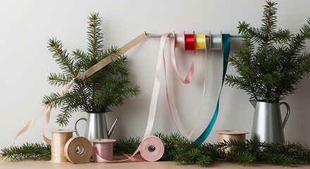 Decorated tabletop with ribbons and greenery creative holiday craft concept