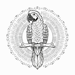 Parrot Illustration, Black and White Line Art, Bird Vector