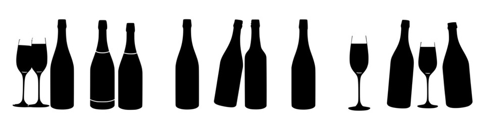 elegant silhouettes of champagne bottles and glasses set against a clean white background. Simple vector illustration.