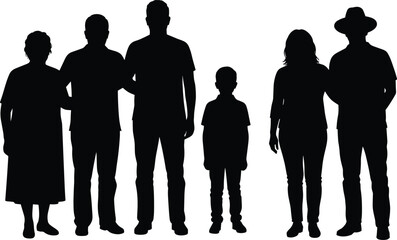 Family generation silhouette, diverse people standing together, child to elderly, community unity, demographic diversity, multigenerational group, human figures