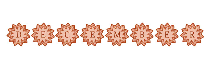 A decorative pattern featuring star-shaped floral emblems in warm orange tones arranged to form the word “DECEMBER.” The minimalist geometric floral design on Transparent background