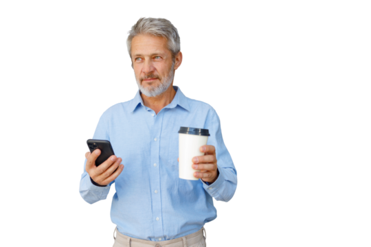 Mature businessman holding coffee and smartphone, thinking, planning, and managing business communication