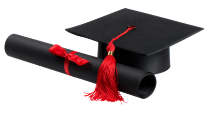 Black Graduation Cap and Rolled Diploma Tied with Red Ribbon