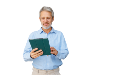 Senior businessman using digital tablet, engaging with technology, transparent background for easy integration