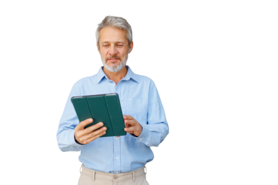 Senior businessman using digital tablet, engaging with technology, transparent background for easy integration - Powered by Adobe