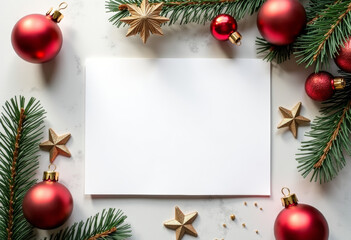 Mockup of a card or tag with Christmas decor around it: balls, stars, tinsel, minimalist style