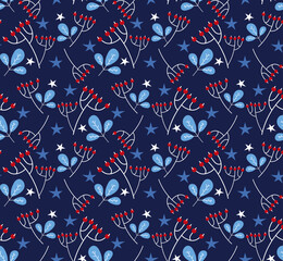 Winter Seamless Vector Floral Pattern with White Branches, Leaves and Stars on a dark Blue Background.	